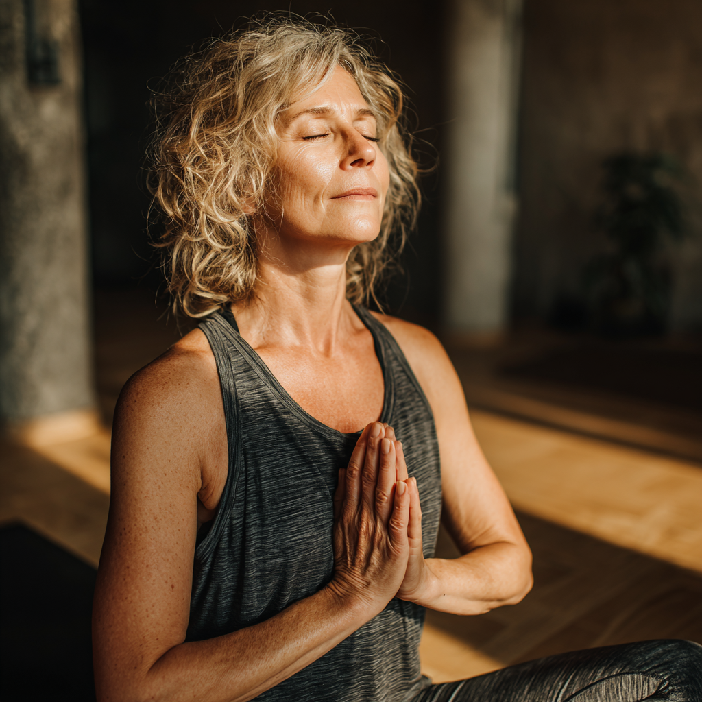 Middle-aged woman practicing gentle yoga poses in peaceful studio environment