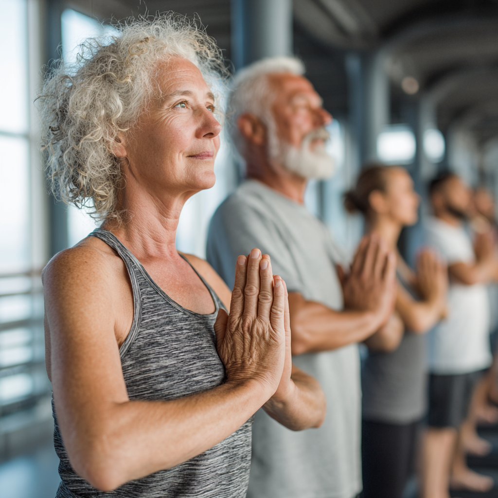 Senior adults enjoying peaceful yoga session in bright natural lighting